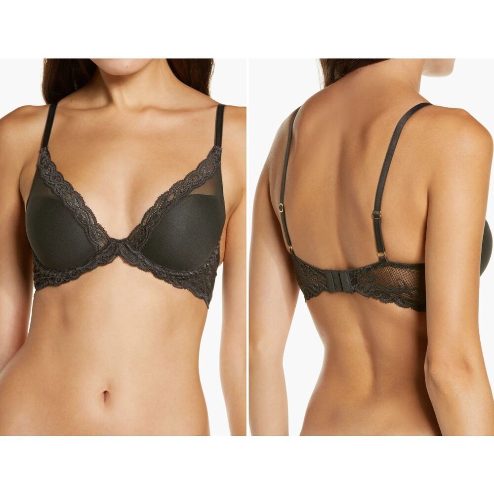 Natori Dark Charcoal Lace Trim T-Shirt Bra-Like New